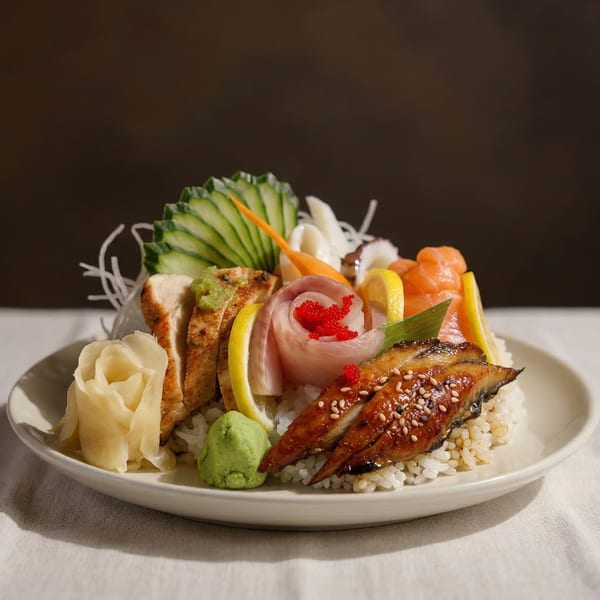 Maru Sushi & Grill's chirashi bowl with various fish, chicken, and vegetables over rice.
