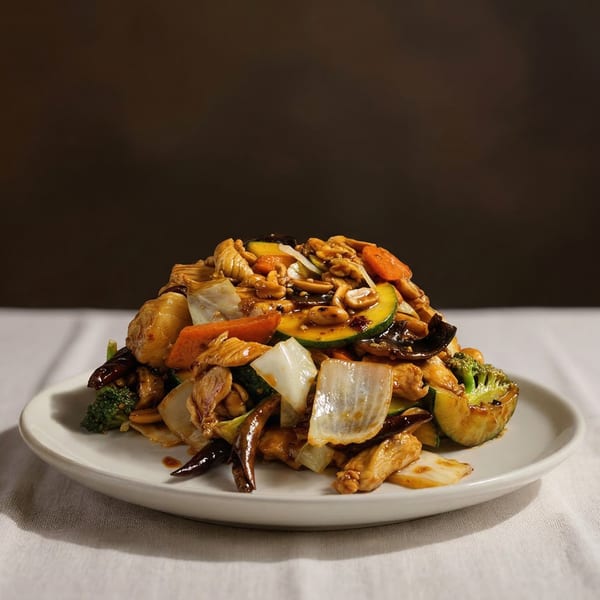 A large serving of stir-fried chicken and vegetables, including broccoli, carrots, and onions, on a white plate.